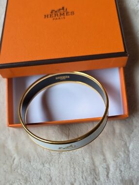 Hermes White and Gold Enamel Bangle Bracelet
